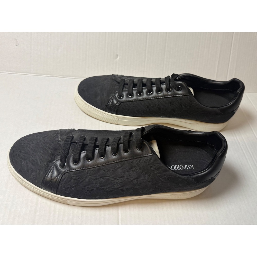 Emporio Armani Mens Black Jacquard Eagle Logo Low Top Sneakers Leather Trim 13 - Picture 7 of 9